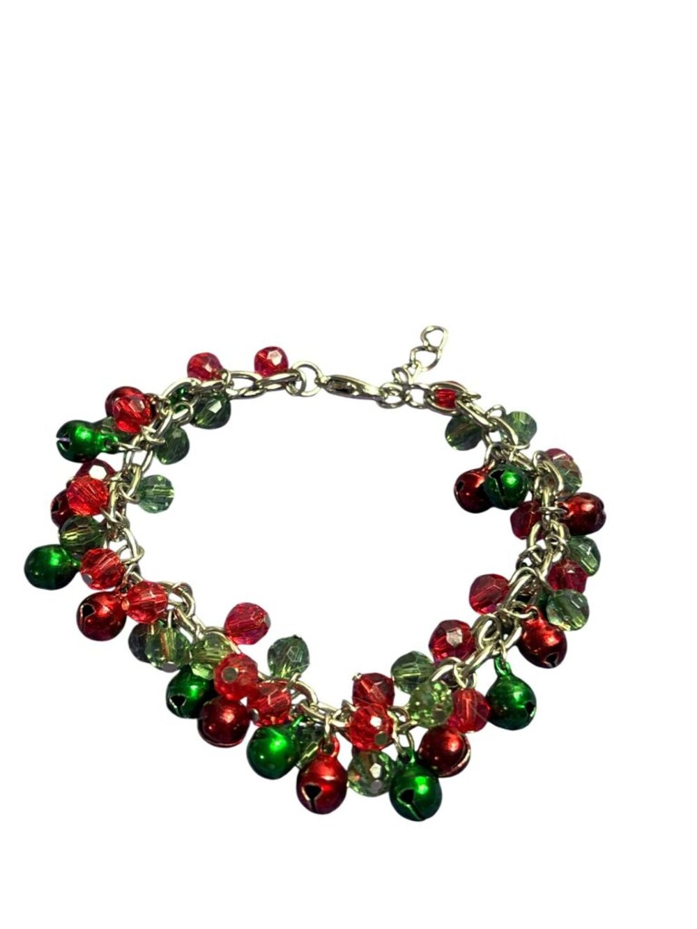 Vtg Y2K Christmas Jingle Bells Red Green Bead Fringe Bracelet Silvertone Chain